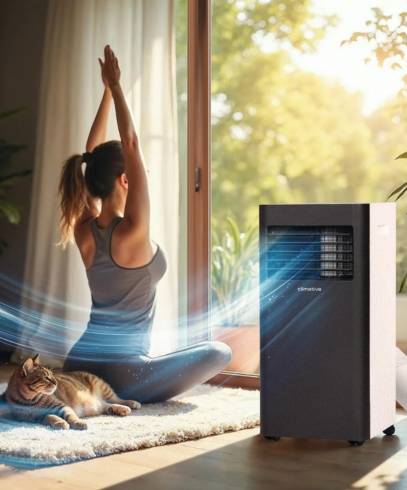 Klimatyzator przenośny Climative DUO obok ćwiczącej kobiety